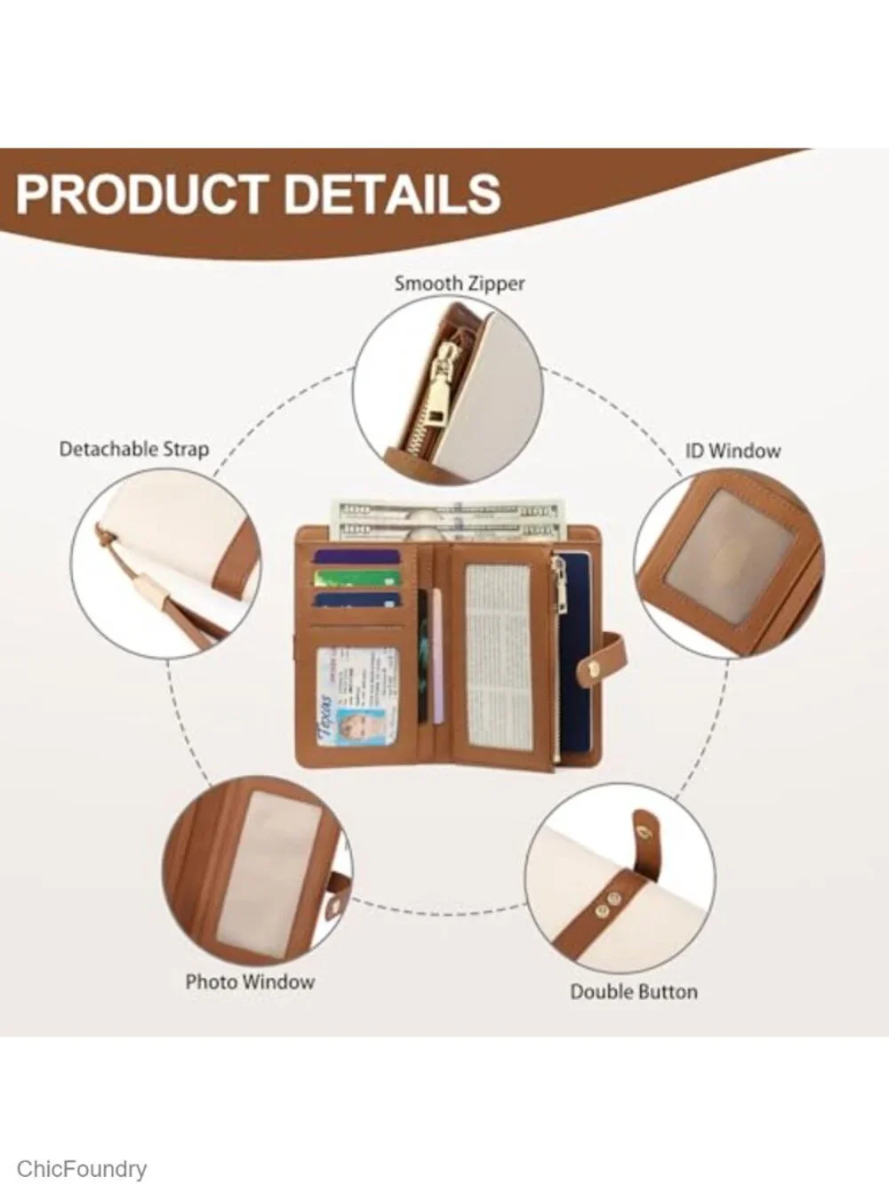 Slim RFID Blocking Bifold Wallet with Zipper Pocket Vegan Leather